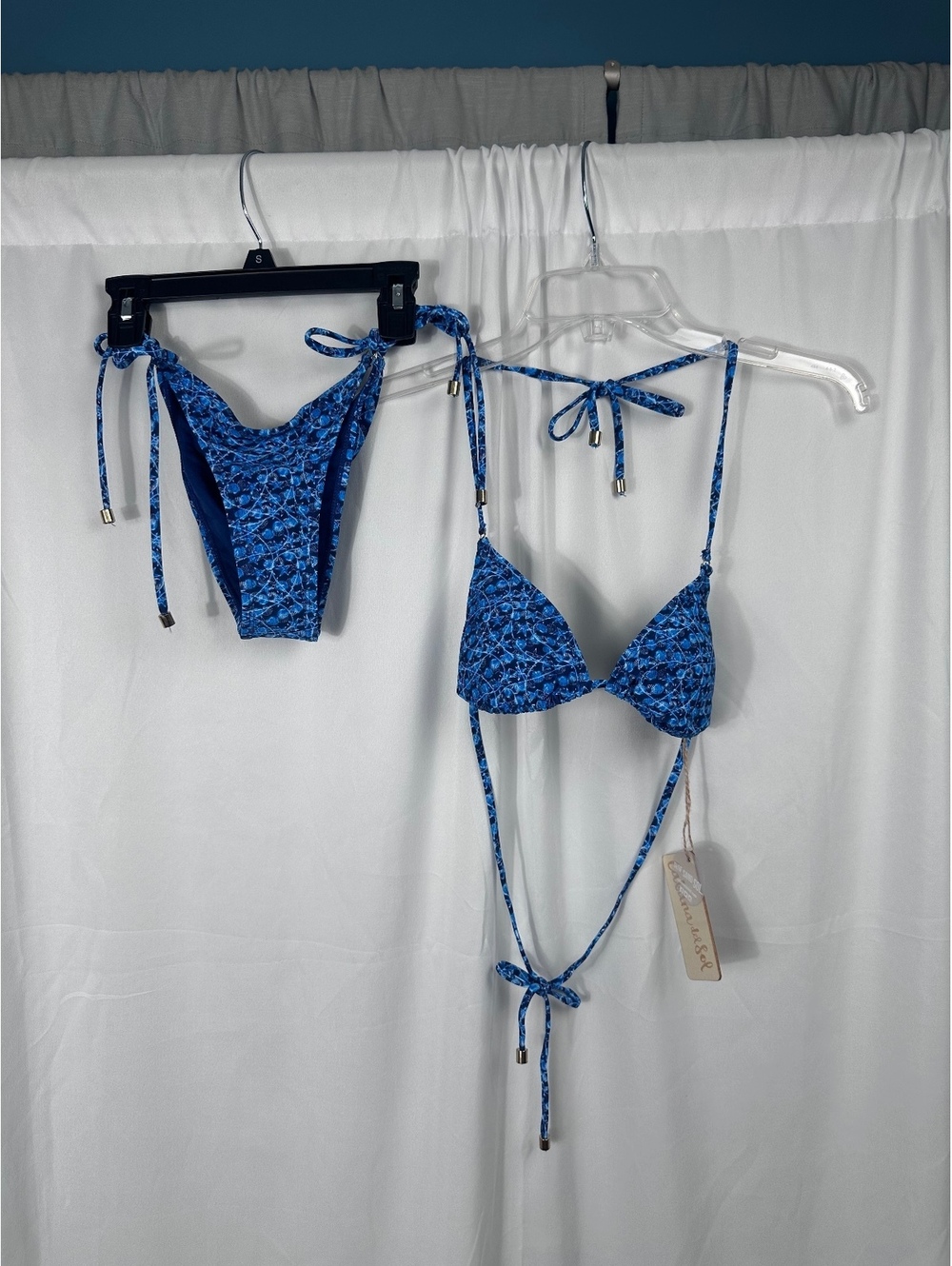 Cabana del Sol Blue Patterned String Bikini Set XS Bottom Small Top